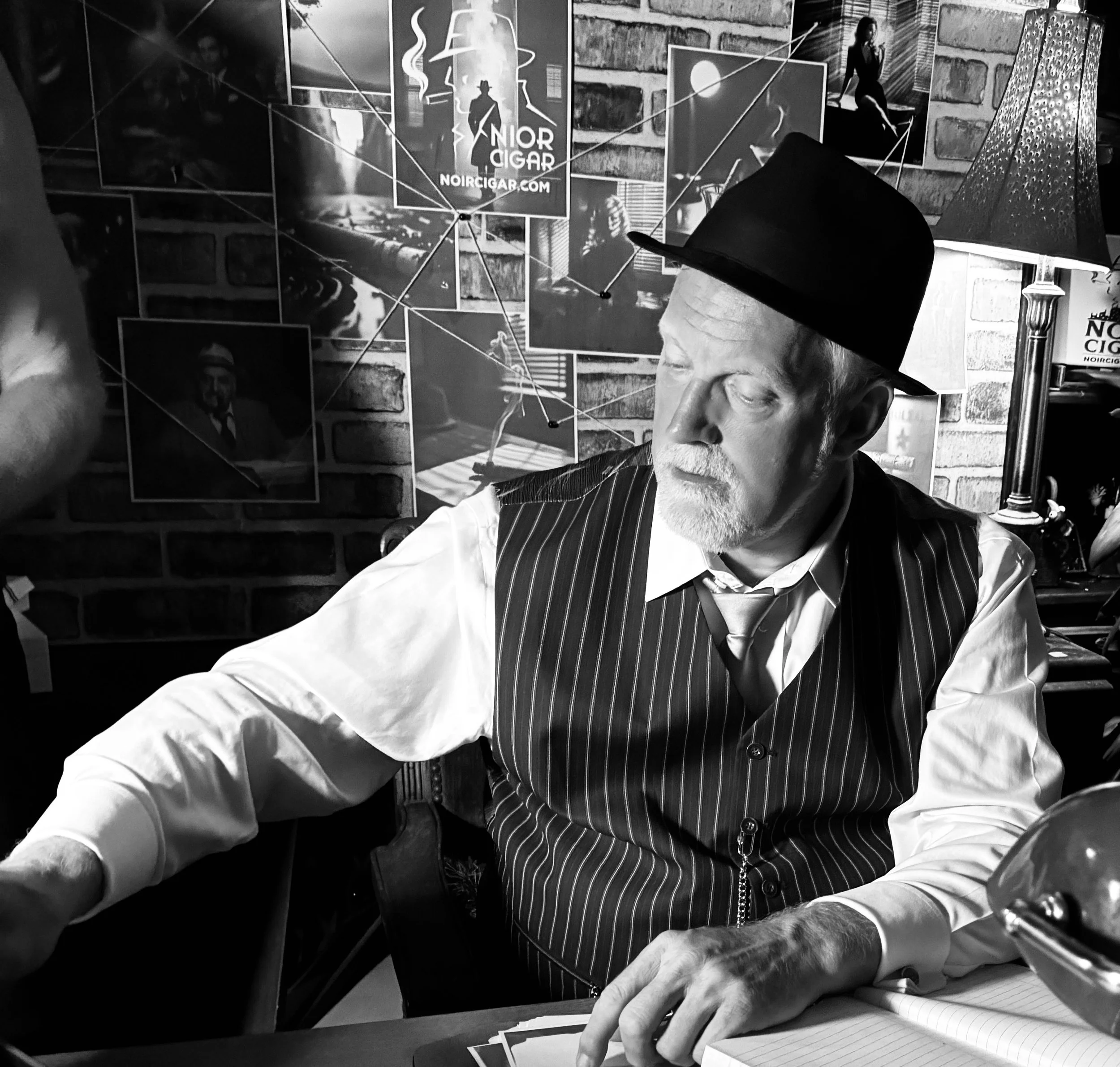 Detective Watson at crime board — Noir Cigar case investigation