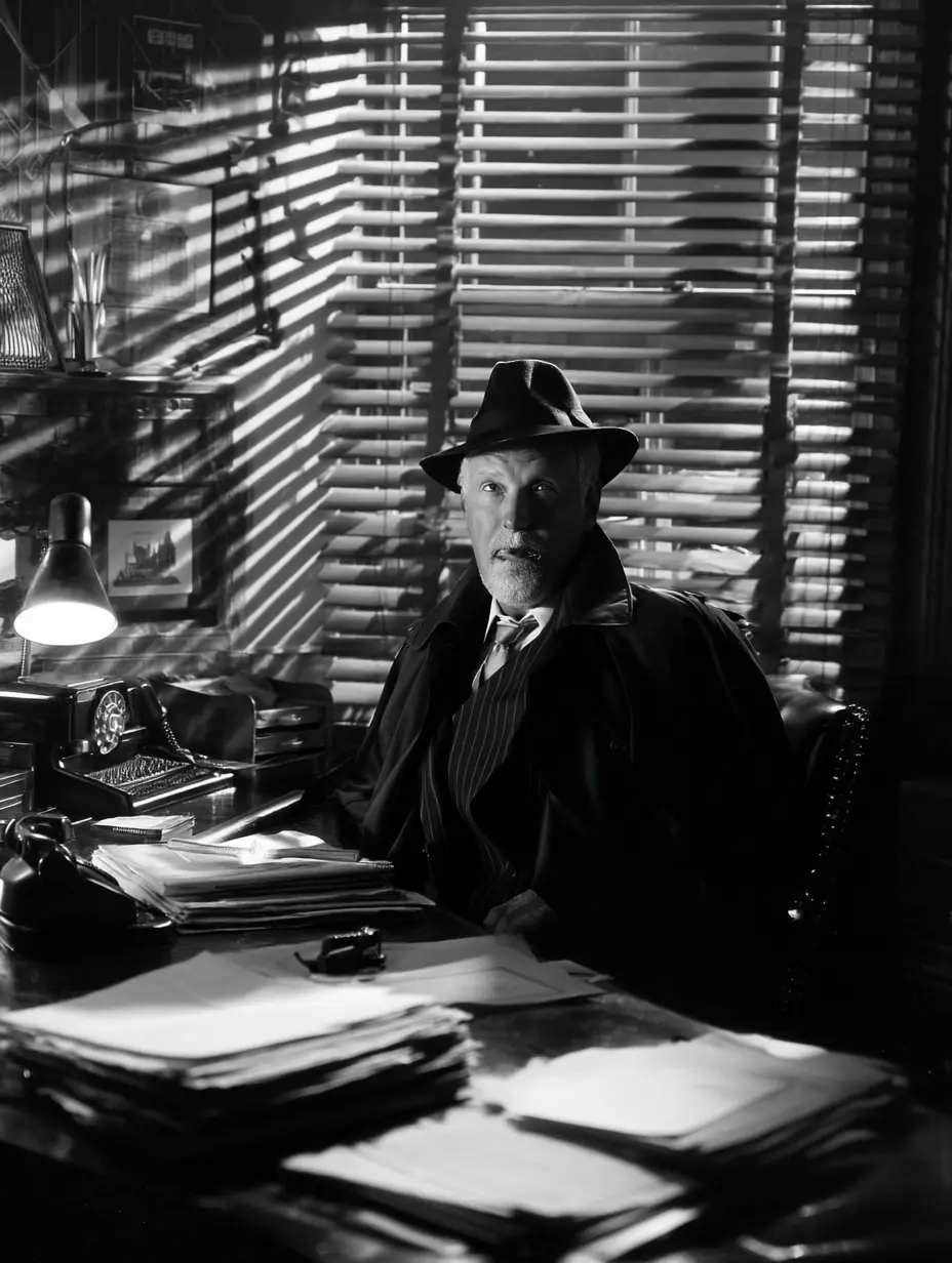 Detective Watson in black trench coat at desk — Noir Cigar host Scott Watson