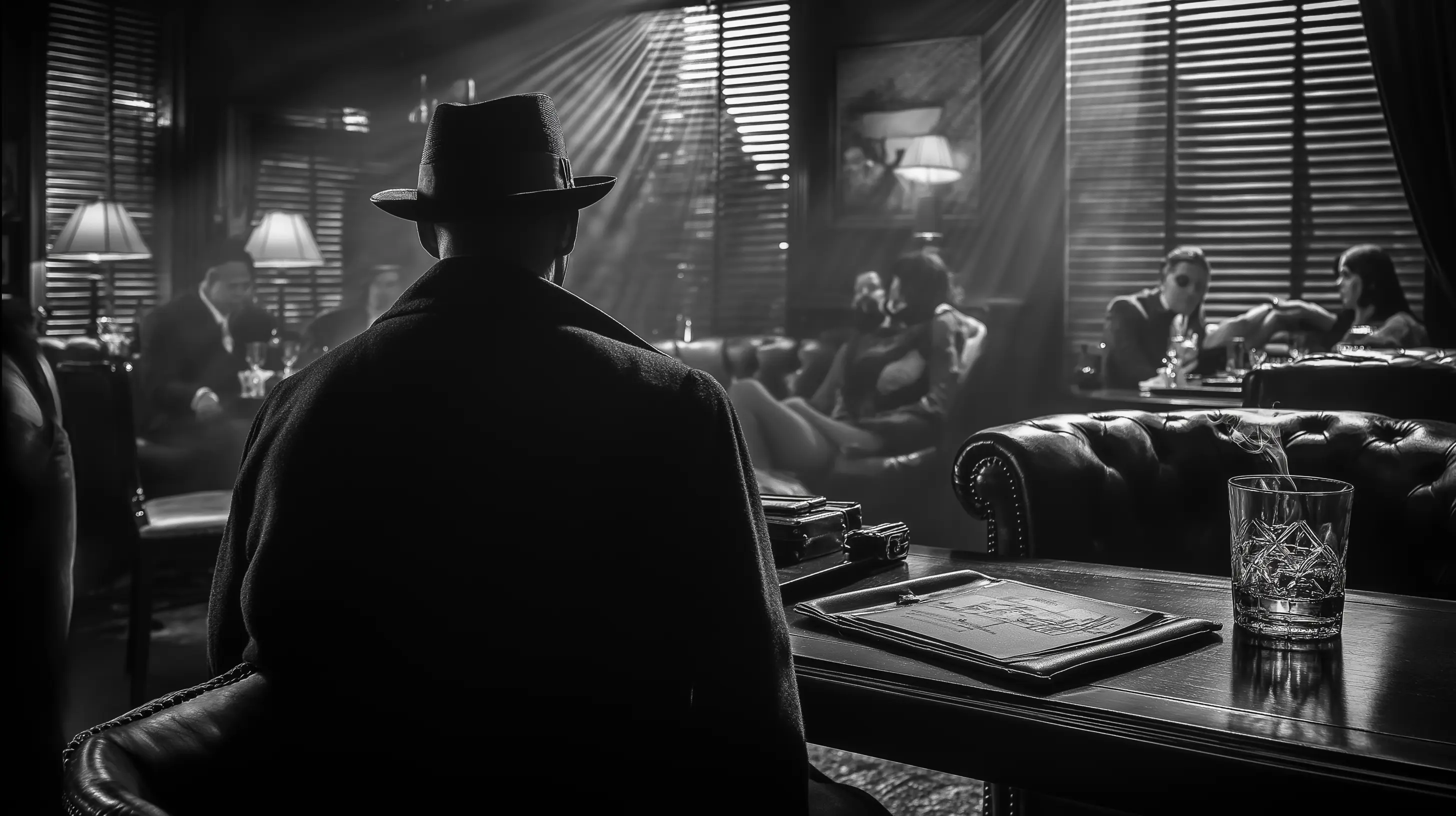 Detective Watson at a noir cigar lounge party